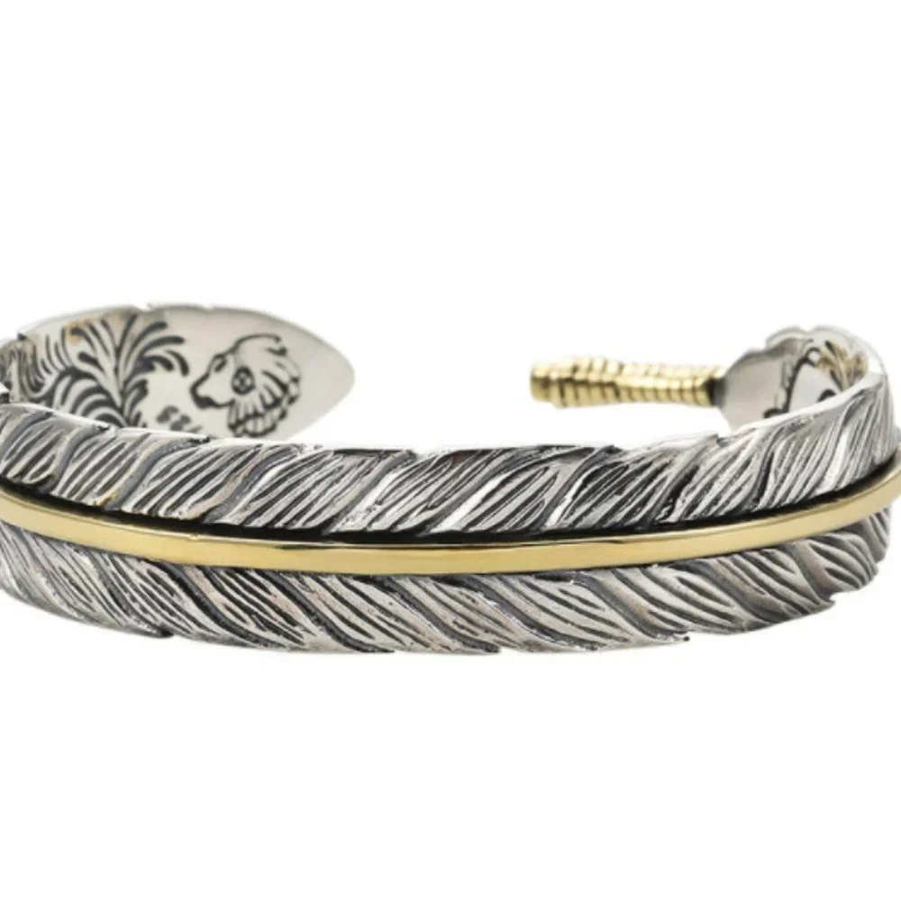 Takahashi Goro's Handmade Silver Golden Feather Cuff Bracelet Bangle